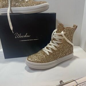 UNWDU Gold Glitter High-Top Sneakers. NEW in box. Women’s size 10. Sparkles!